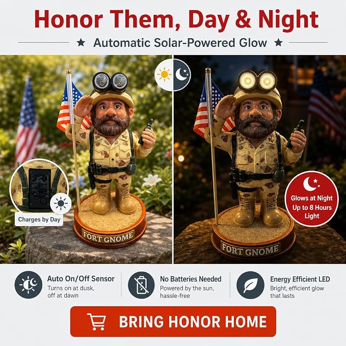 Military Garden Gnome - Patriotic Veteran Gift, 11 Inch | A saluting soldier with solar-lit goggles, for Memorial Day, Veterans Day and the 4th of July. Weatherproof resin.