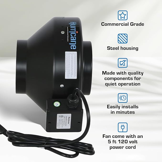 Hurricane Commercial Grade Inline Fan for Phresh & Black Ops Carbon Filters, Ideal-Air Ducting and Clamps and Titan Controls Ventilation Controllers