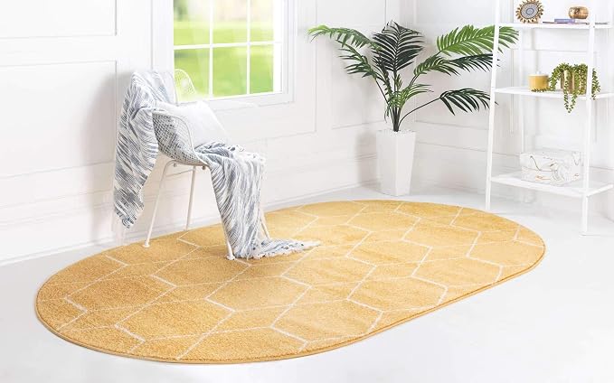 Unique Loom Trellis Frieze Collection Area Rug - Geometric (5' x 8' Oval, Yellow/ Ivory)