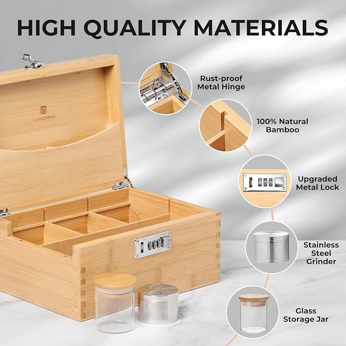 GLENCREAG Stash Box with Rolling Tray, Smell Proof Large Bamboo Storage Box with Lock, Decorative Box Set Includes Glass Jars & Grinder, Gift for Men Women
