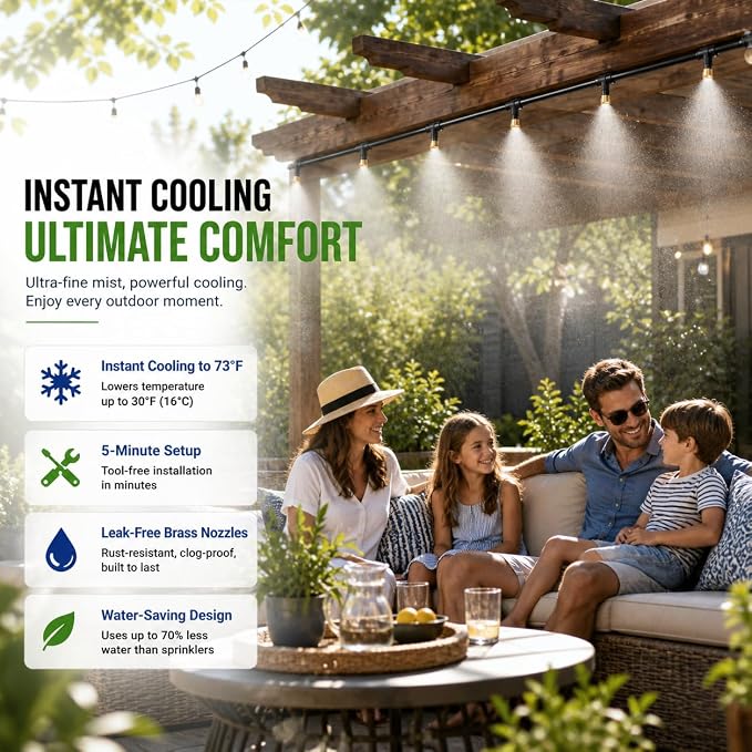 50FT Misters for Outside Patio, Outdoor Misting Cooling System with 8 Brass Nozzles & Filters, DIY Misting Kit for Backyard Garden Greenhouse Deck Umbrella Canopy Pool Porch Trampoline