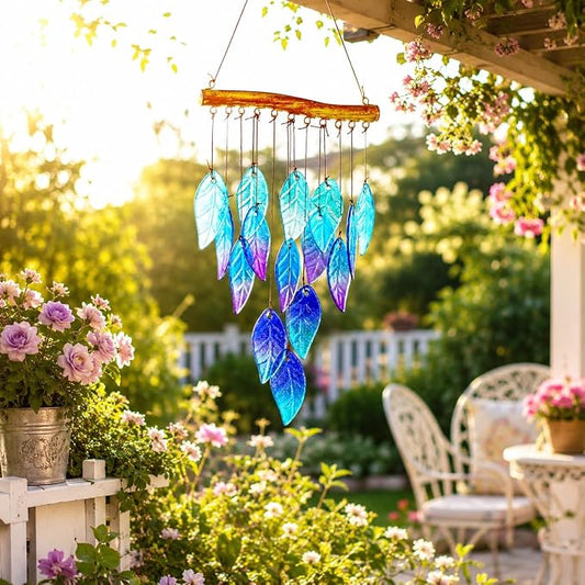 Wind Chimes for Outside,Stained Glass Leaves Wind Chimes Indoor Outdoor Hanging Decor Handmade 12.5" Garden Chimes for Windows, Patio,Backyard Decor Ornament for Christmas Tree