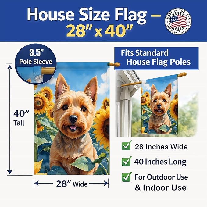 Caroline's Treasures DAC6127CHF Norwich Terrier in Sunflowers House Flag Large Porch Sleeve Pole Decorative Outside Yard Banner Artwork Wall Hanging, Polyester, House Size, Multicolor