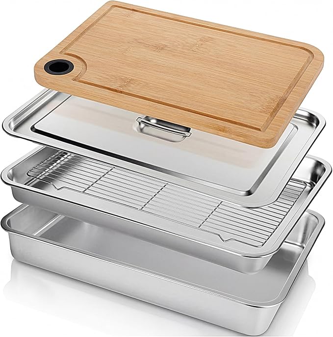 Gisafai 24 x 16 Inch Exlarge Grilling Prep and Serve Trays 5-in-1, Stainless Steel Food Prep Tray Set Grill Carry System Marinade Container with Lid Cooling Rack Gifts for Outdoor BBQ Accessories