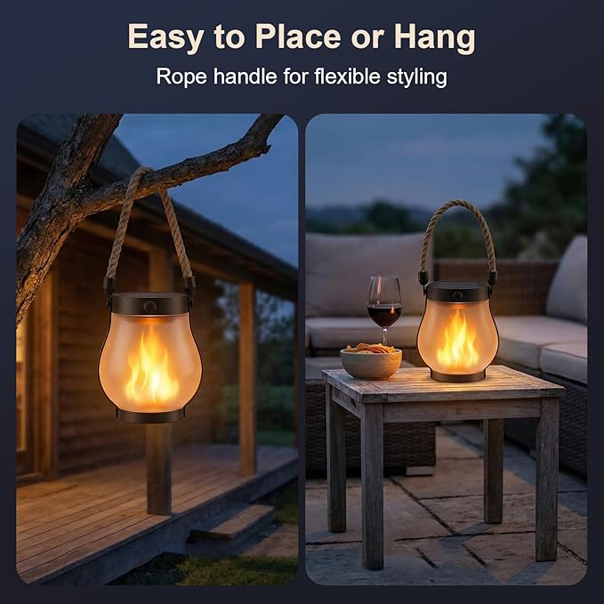 Solar Lanterns Outdoor Waterproof 2 Pack, Outdoor Solar Lanterns with Flickering Flame Effect, USB-C & Solar Charging, Auto Dusk to Dawn, Hanging Light for Garden Patio Yard
