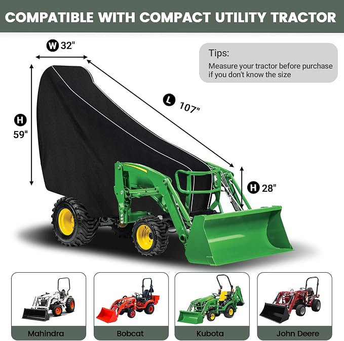 Waterproof Compact Utility Tractors Cover Replace for John Deere 1,2,3 Series 1025R 2320 2520 2720 3320 3520, Kubota, 600D Oxford Cloth Tractors Cover for Snow Rain Dust Protection