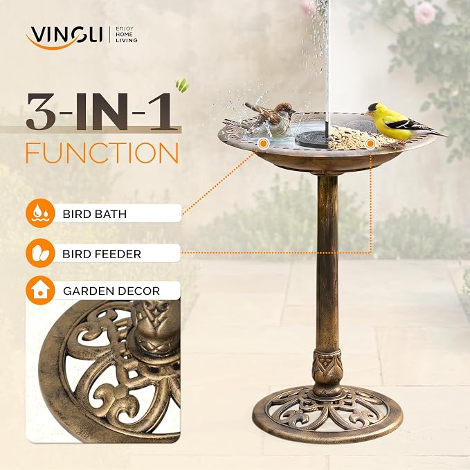 VINGLI Pedestal Bird Bath with Solar Fountain, Solar Pump Resin Birdbaths, Weather Resistant Bird Baths with Ground Stakes, Vintage Finish Garden Decor for Outdoor, Patio, Yard, Lawn (Copper-2.5W)
