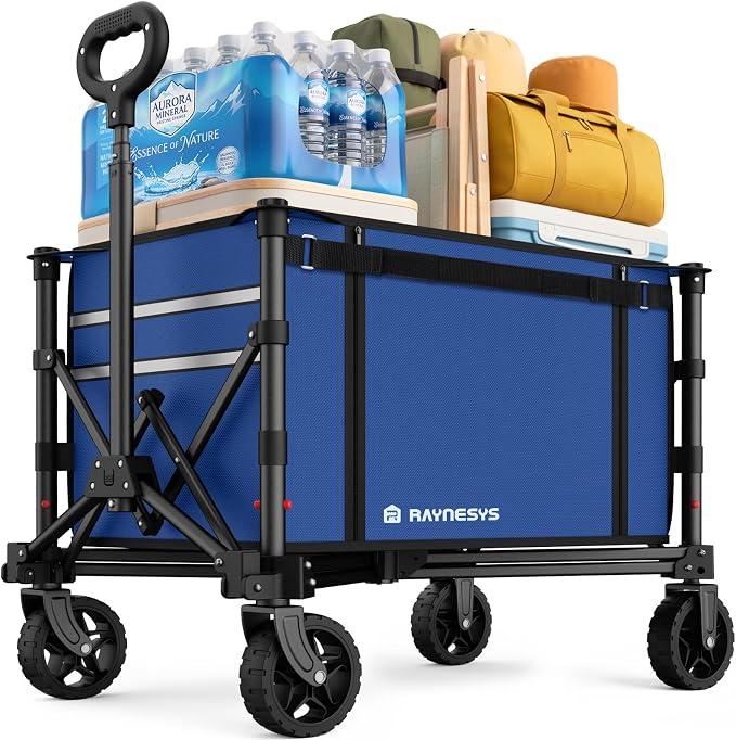 Raynesys Collapsible Wagon Cart with Wheels 220lbs Foldable Wagon 120L Shopping Cart for Groceries Folding Utility Wagon for Beach, Garden, Camping, Sport, Wheelbarrows, Indigo