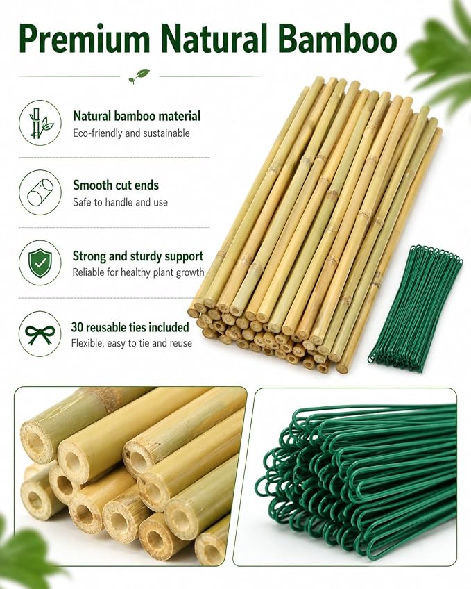 20 Pcs 16 inch Bamboo Garden Stakes with Ties Natural Bamboo Plant Stakes for Tomatoes (20pcs-16inch)