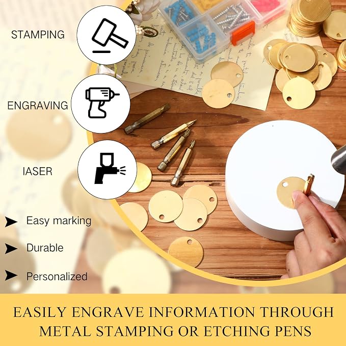 Hicarer 500 Pcs Solid Tags for Stamping Round Key Tags Blanks with Hole for Pets Plants Doors Pipe Valves Equipment Tool and Keys Labeling (Brass,1.25 Inch)