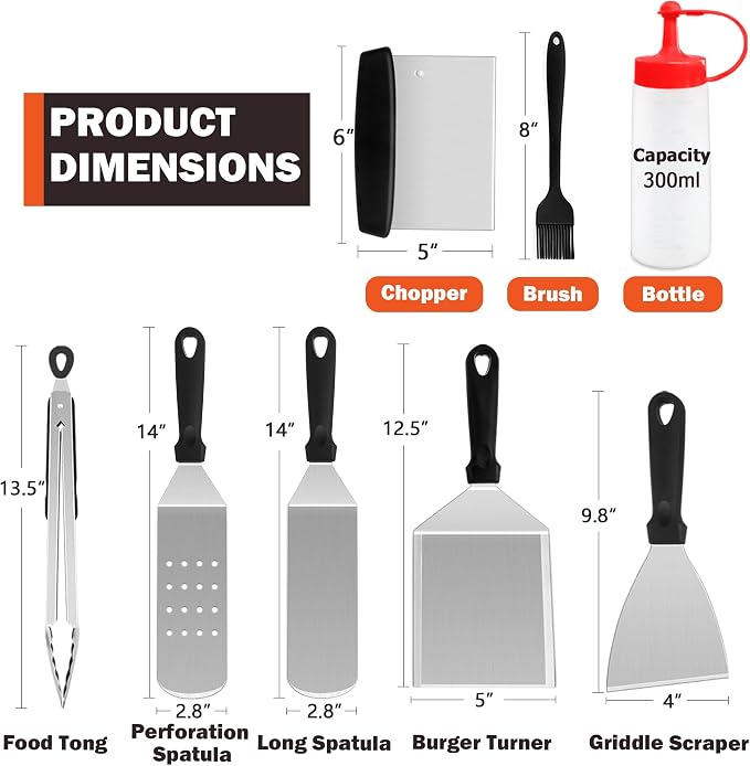 8Pcs Griddle Accessories Kit for Blackstone, Joyfair Flattop Grilling Accessory Tool Set with Stainless Steel Burger Spatula Turner, Metal Flipper, for Outdoor BBQ Teppanyaki Hibachi, (PP Handles)