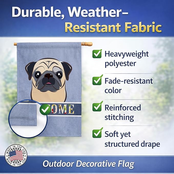 Caroline's Treasures BB1448CHF Fawn Pug Welcome House Flag, Blue Large Porch Sleeve Pole Decorative Outside Yard Banner Artwork Wall Hanging, Polyester, House Size, Multicolor