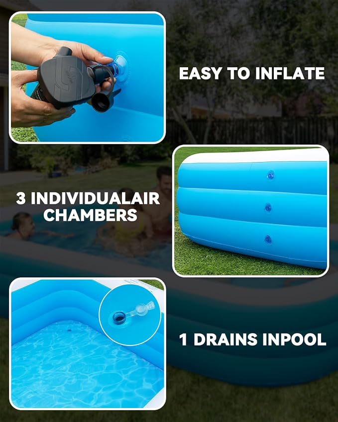 Large Inflatable Pool for Adults,130" x 72" x 22" Thickened Blow Up Pool with Lights & Pump, 7 Color Changed Durable Above Ground Family Swimming Pool for Backyard Outdoor Garden