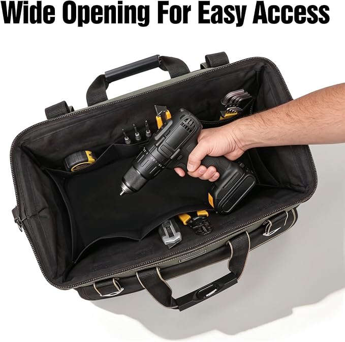 Tool Bag, Ounic 16 Inch BigTool Tote Bag Heavy Duty With Waterproof Molded Base, Wide Mouth Tool Box Organizer with Adjustable Shoulder Strap for Electrician Mechanic Craftsman Plumbers(Black)