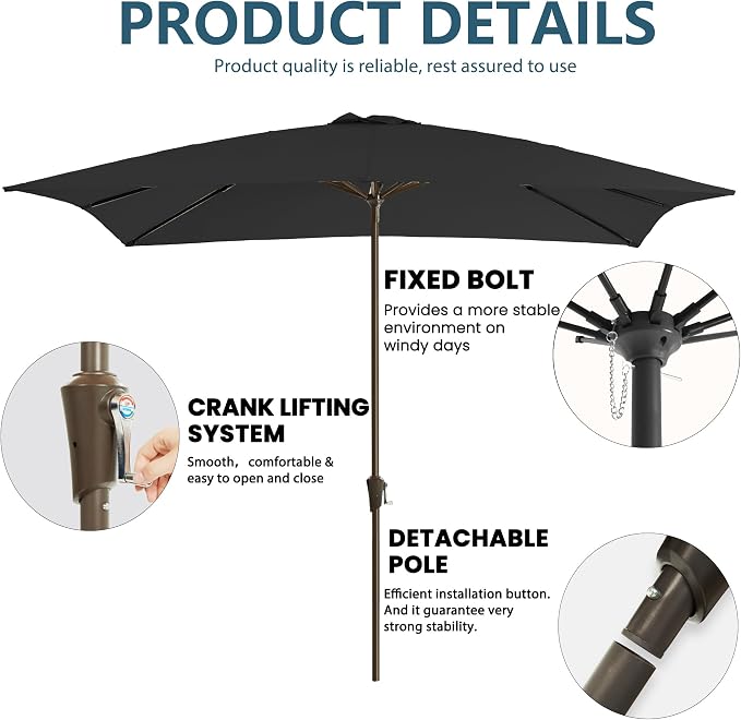 8x10FT Rectangular Patio Umbrella with Crank Lift for Garden,UV Protection Outdoor Umbrella for Deck,Pool and Yard,Black