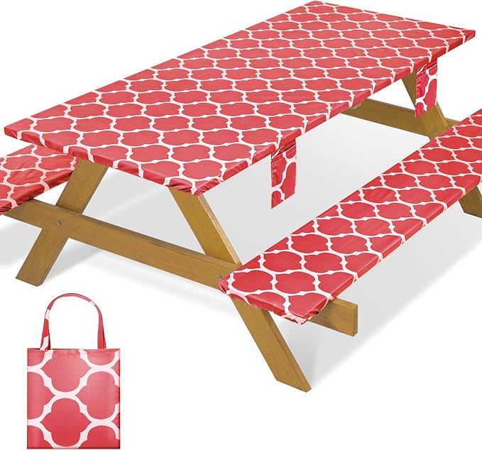 Fitted Waterproof Picnic Table Cover with Bench Covers Elastic Heat Resistant Outdoor Camping Tablecloth for 8 Foot Dinning Rectangle Tables Summer Rv Patio Garden Road Trip Essential Gift