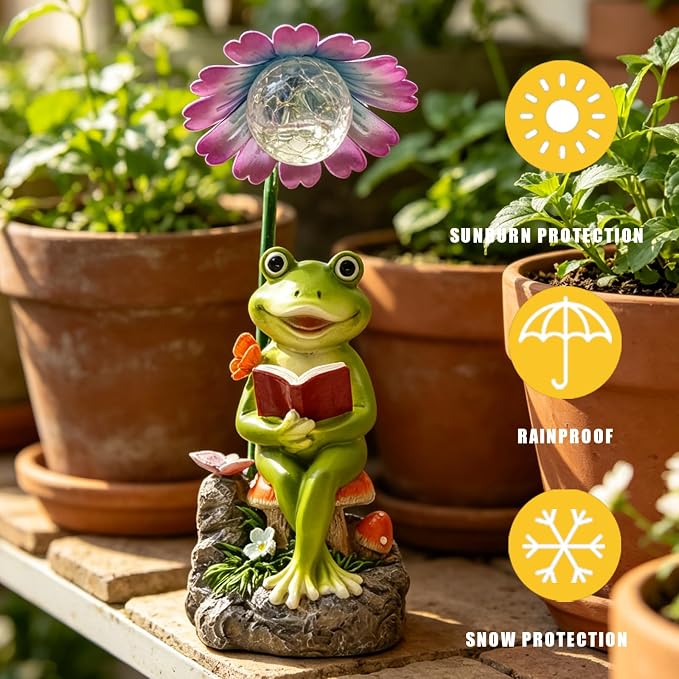 COWOS Solar-Powered Frog Garden Statue with Glowing Flower Light, Miniature Resin Figurine for Outdoor Patio, Yard, Lawn Decor