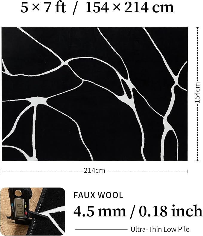5x7 Washable Modern Abstract Black White Area Rug | Ultra-Thin Low Pile, Non-Slip TPE Backing, Soft Stain Resistant, Machine Washable, for Bedroom Livingroom High Traffic