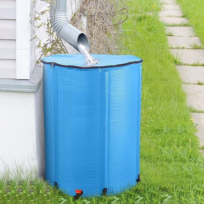 100 Gallon Collapsible Rain Barrel, Portable Rainwater Collection System, Water Storage Tank, Rain Catcher Barrel with Spigots and Overflow Kit, Rainwater Barrels Collector for Garden, Blue