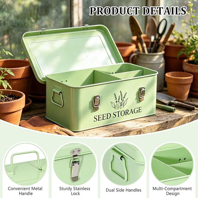 60-Slot Metal Seed Storage Organizer Box, Seed Saving Box | 3 Compartments Organization, 60 Seed Envelopes & Labels, Seed Packet Storage, for Flower Vegetable Seeds, Garden Organizer