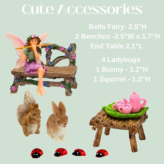 PRETMANNS Fairies for Fairy Garden Accessories for Outdoor - Figurine Bella and Furniture for Miniature Set with Squirrel, a Bunny, 4 Ladybugs - Ideal for Fairy Garden Starter Kit - 14 Piece Supplies | Fairy Garden Accessories Kit, Figurines & Garden F...