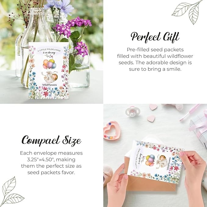 25 Wildflower Seed Packets - Baby Shower Favors for Guests - Gender Reveal Party Supplies - Wild Flower Seeds Throw and Grow Perennial & Annual Mix to Attract Pollinators Bees and Butterflies Non-GMO