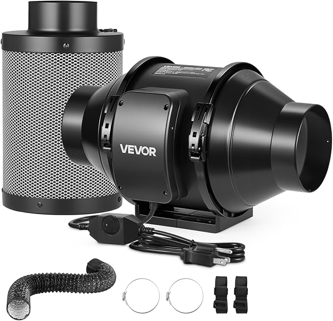 VEVOR 4" Air Filtration Kit, 180 CFM Inline Duct Fan with Speed Controller, Carbon Filter & Ducting Ventilation System for Heating Cooling Booster, Grow Tents, Hydroponics