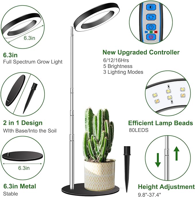Aokrean Grow Lights for Indoor Plants, 6.3in Full Spectrum Growing Lamp | 80 LEDs Black 1-Pack, 2 Installation Ways, 9.8-37.4 in Height Adjustable, 3 Lighting Modes, Timer 6/12/16Hrs, 5 Brightness