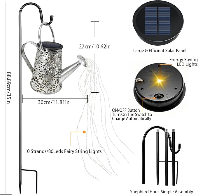 VOOKRY Watering Can with Lights, Large Hanging Solar Lights Outdoor Waterproof, Decorative Retro Metal Solar Garden Decor for Outside Patio Yard Porch Lawn, Gifts for Women Mom Grandma Birthday