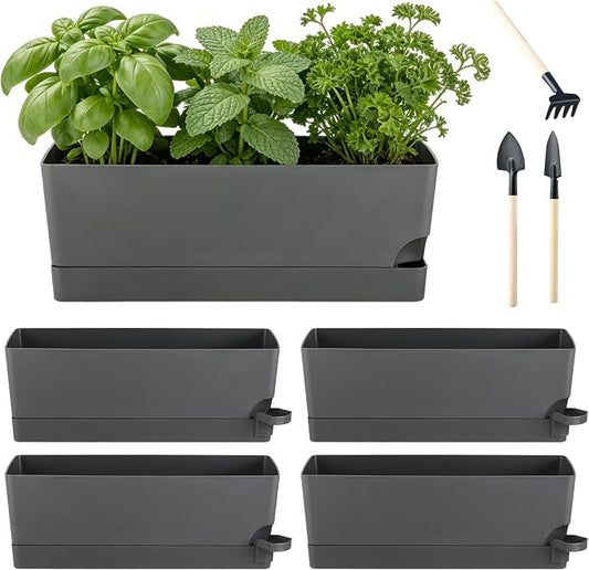 4 Pack Self Watering Pots for Indoor Plants 17 Inches Window Boxes Planters Rectangular Flower Pots Rectangle Herb Pots Large Plant Pots with Drainage Holes and Saucers Windowsill Planter, Grey