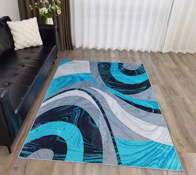 Washable Area Rug for Living Room, Indoor, Dinig Room – Soft Pile Non-Slip Rug for Kitchen – Modern Contemporary Design Machine Washable Carpet, Foldable Rug, Easy to Clean – (5X7-Teal)