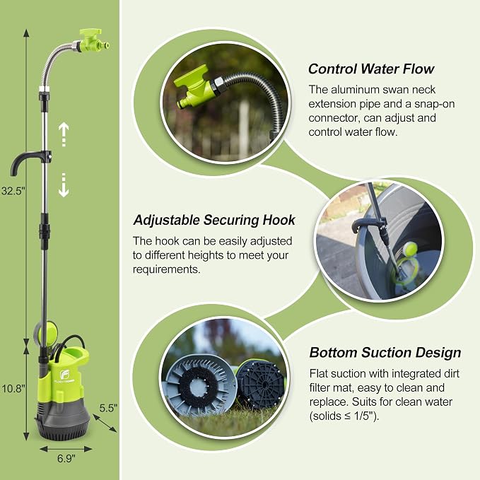 FLUENTPOWER 1/2HP Rain Barrel Pump, 1050GPH Submersible Water Pump with Float Switch and 26ft Cable, Drainage Water from Hot Tub Cellars Rain Barrel Ponds Pools