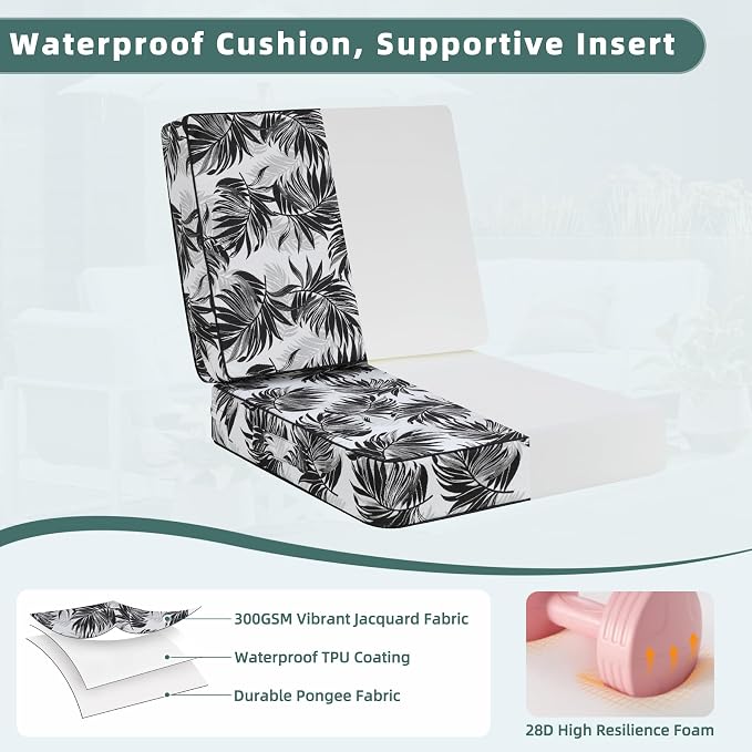 Favoyard Deep Seat Patio Cushion 24 x 24 x 4 in Waterproof Seat & Back Cushion Set with Color Fade Resisitant Pattern, Portable Handle, Attach Straps, Zipper on Removable Cover for Outdoor Furniture