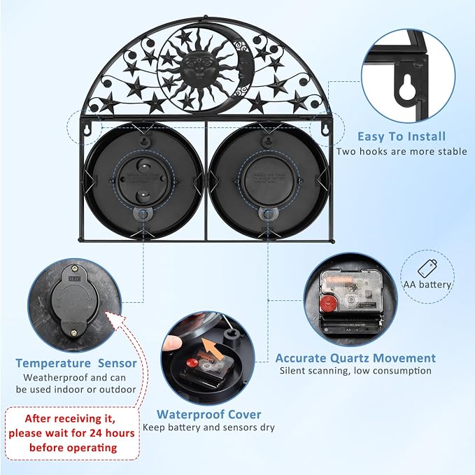 17Inch Large Outdoor Clock,Waterproof Wall Clock with Thermometer,Weatherproof Non-Ticking Quartz Battery Operated Decor Clock for Patio,Garden,Pool,Porch,House Warming Gifts