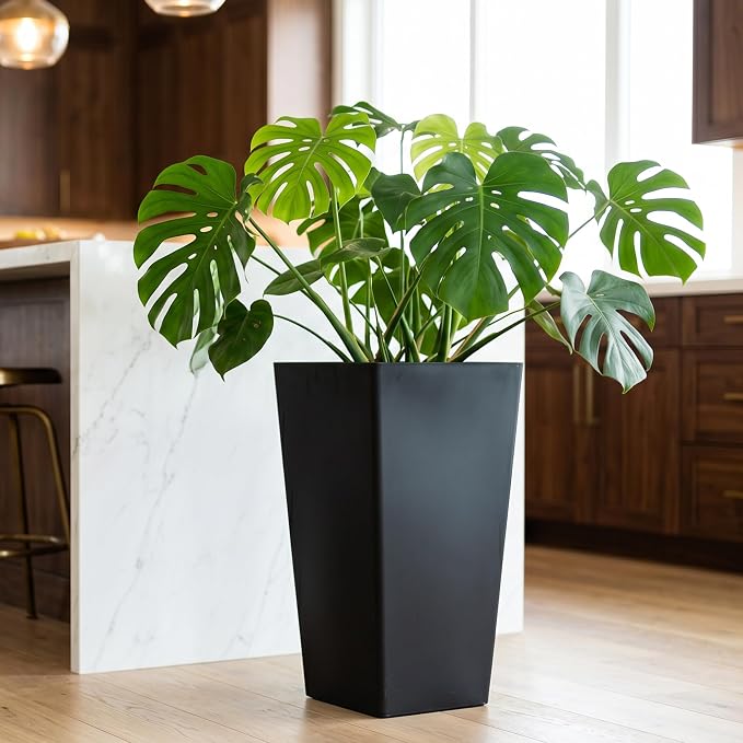 KOL Planters for Outdoor Plants, 20 Inch Tall Black Flower Pots 2 Pack, Large Plastic Plant Pots with Drainage Hole and Dual-Purpose Tray, Decorative Indoor Planter for Front Porch Patio Garden