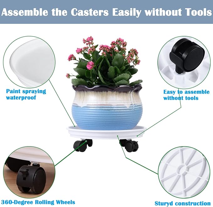 8 Packs Plant Caddy with Wheels 11.8" Plastic Rolling Plant Stands Heavy-Duty Plant Dolly with Casters Indoor Outdoor Wheeled Plant Roller Base Large Planter Saucers Plant Mover