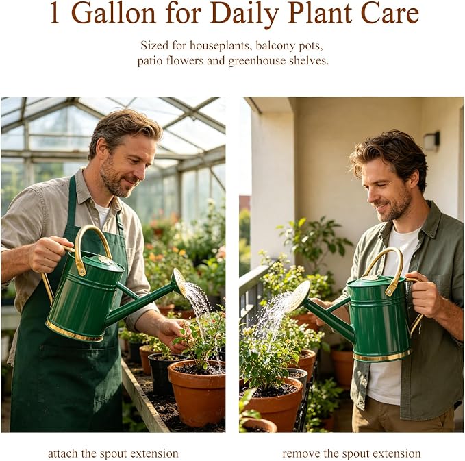 1 Gallon Green Metal Watering Can with Solid Brass Details, Removable Watering Rose, Decorative Garden Can for Indoor Plants, Patio and Greenhouse