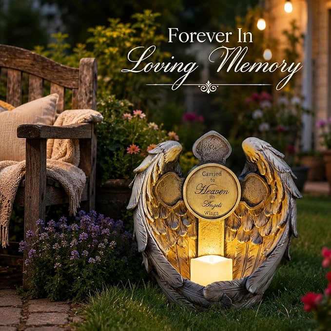 Solar Angel Wings Memorial Statue with LED Candle & Cross, Weather-Resistant Resin Grave Decorations for Cemetery, Sympathy Bereavement Gifts for Loss of Loved One