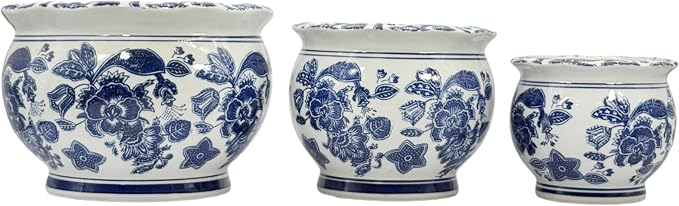 Galt International Floral Blue & White Round Porcelain Ceramic Plant Flower Planter Pot Set of 3 (8", 10", 12") Garden Pots Chinese Asian Design
