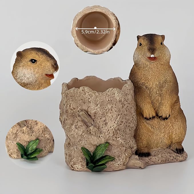 Groundhog Resin Figurine Planter, Animal Figurine Pen Holder, Decorative Indoor Outdoor Flower Pot, Nature Theme Garden Decor, Statue Sculpture (Brown)