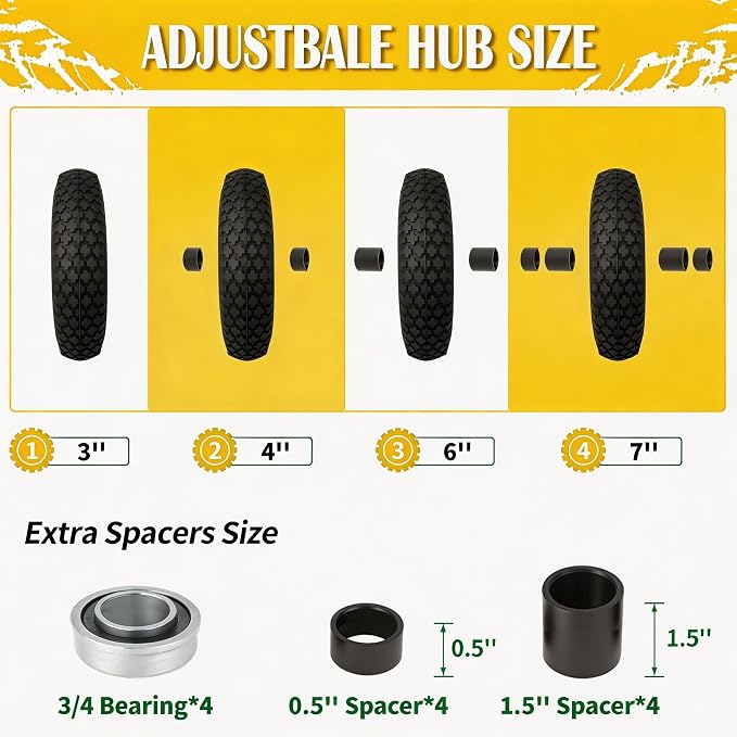 4.80/4.00-8 Pneumatic Tires, 16" Wheelbarrow Tire and Wheel 400LB Capacity, with 5/8" & 3/4" Bushing Kit, 3"-4''-6''-7" Adjustable Hub, for Garden Cart, Utility Carts, Trailers, Hand Trucks, 2 Pack
