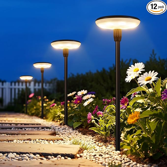 LETMY Solar Pathway Lights Outdoor, 12 Pack Durable Metal Solar Path Lights, Auto On/Off Garden Lights Solar Powered, IP65 Waterproof Solar Lights Outdoor for Landscape, Path, Garden, Patio, Driveway