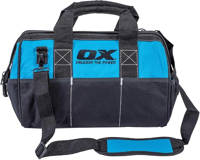 OX Pro 15-Inch Wide Mouth Tool Bag with Shoulder Strap Heavy Duty PVC Nylon with Reinforced Stitching - Bulto Para Herramientas