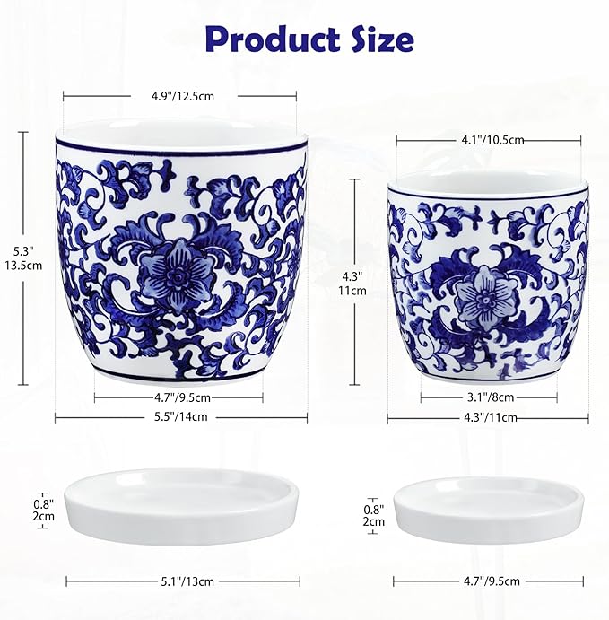 Set of 2 Ceramic Blue and White Plant Pots with Drainage Hole and Saucers, 4.3/5.5 Inches Ceramic Planters Round Flower Pots for Indoor Plants Succulent Cactus Orchid Flower, Indoor Outdoor Decor