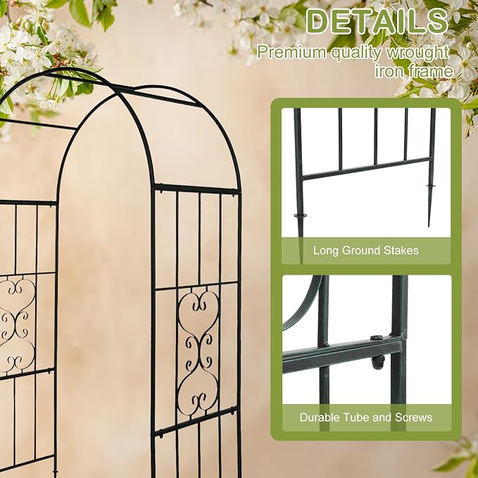 Outvita 7.3FT Garden Arch Arbor, Heavy Duty Metal Arbour Archway, Decorative Frame Stand Trellis with Ground Stakes for Wedding Ceremony Party Plant Climbing Rose Vines Lawn Patio Black