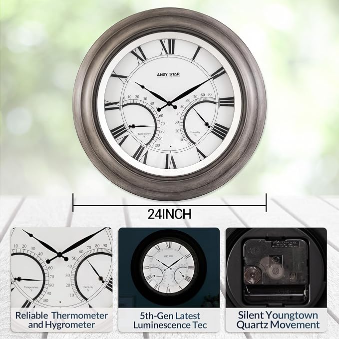 ANDY STAR 24 Inch Outdoor Clocks Waterproof,Large Outdoor Wall Clocks for Garden Patio Pool, Modern Lighted Metal Clock Battery Operated with Thermometer&Hygrometer, Gray Oak Wooden Non Ticking