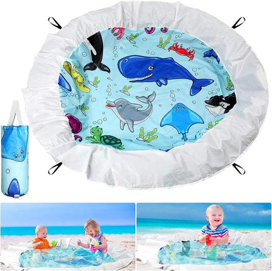 Tondiamo Baby Beach Pool for Toddler Kids Waterproof Foldable, 6.6 x 6.6 ft | 2 in 1 Sandproof Play Blanket, Portable Outdoor Vacation Summer, Mini Splash Pad, Quick Setup with Drawstring