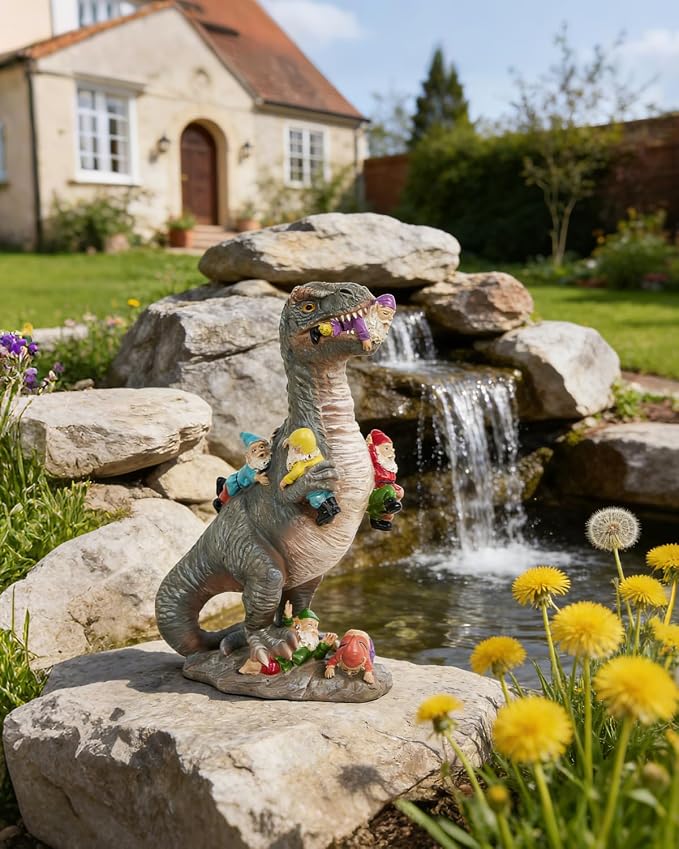 12-Inch Dinosaur Garden Gnome Statue, Outdoor Garden Decor | Funny Patio and Lawn Decoration, Gardening Gift for Women and Housewarming Present