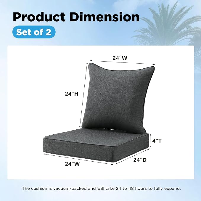 Outdoor Deep Seat & Back Cushion Set (2-Pack), 24 x 24 Inch Water Repellent and Fade Resistant Patio Furniture with Removable Cover for Outside Sofa Couch, Charcoal