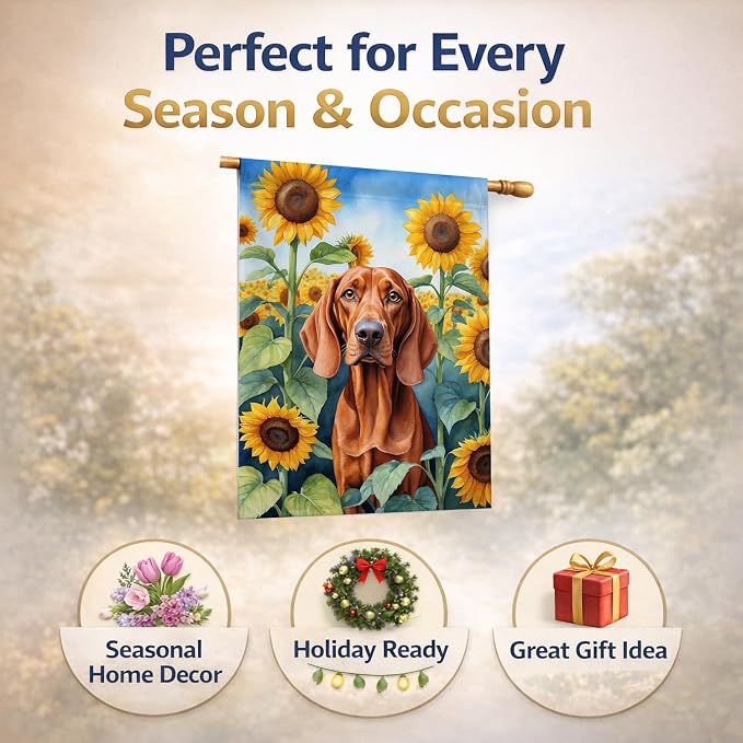 Caroline's Treasures DAC6148CHF Redbone Coonhound in Sunflowers House Flag Large Porch Sleeve Pole Decorative Outside Yard Banner Artwork Wall Hanging, Polyester, House Size, Multicolor